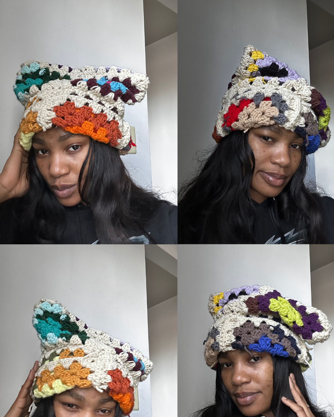 Oversized Granny Square Cat Beanie