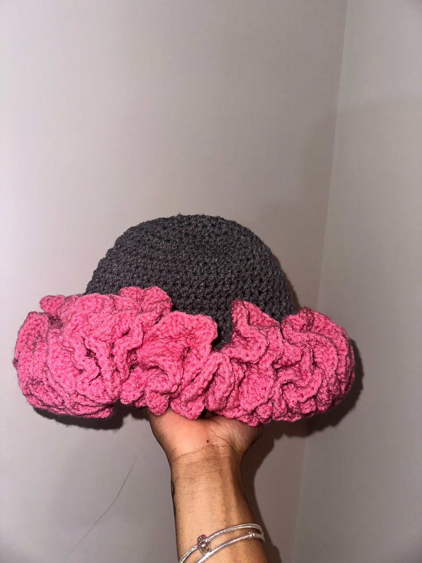 gray and pink bucket hat