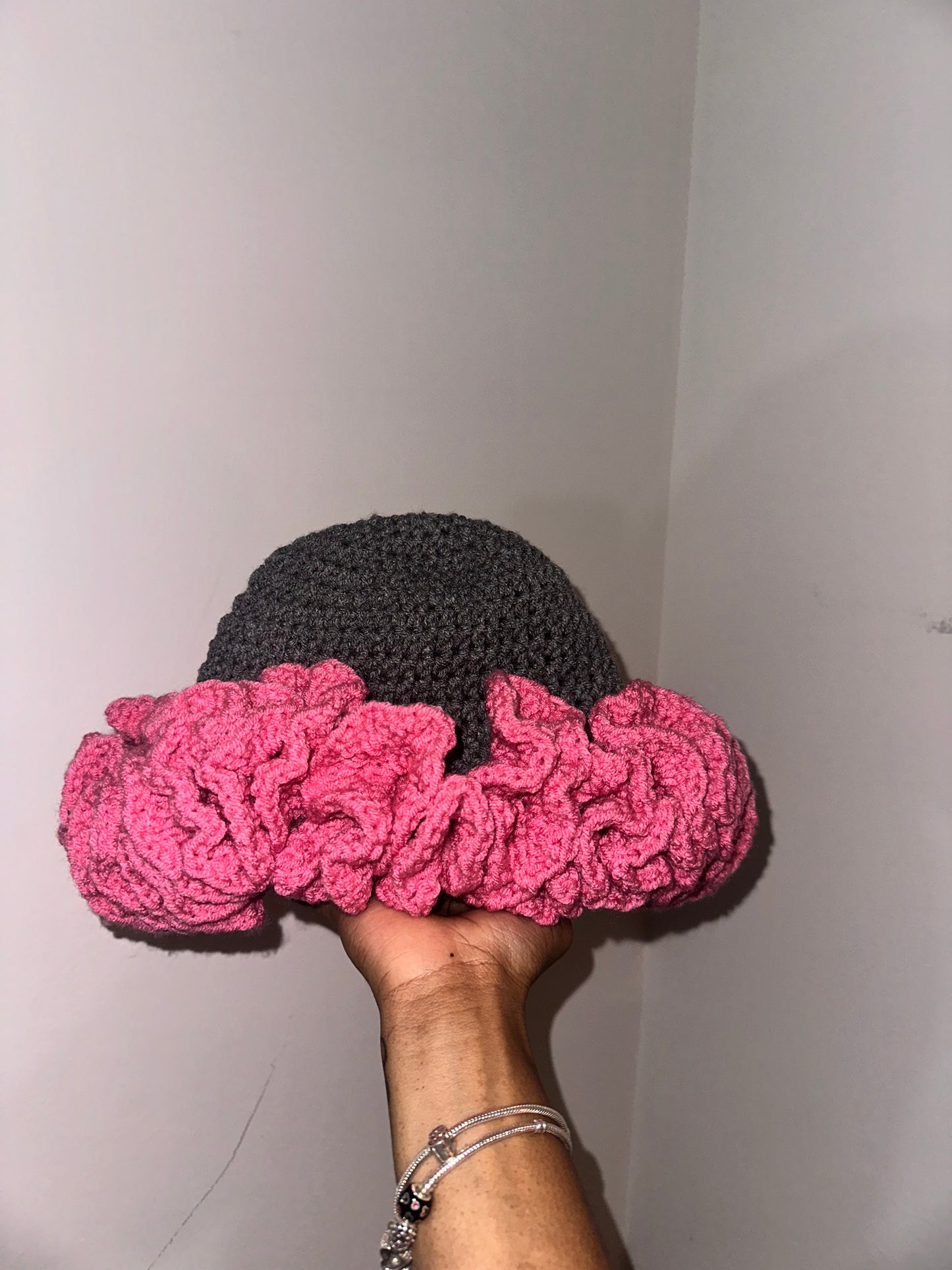 gray and pink bucket hat