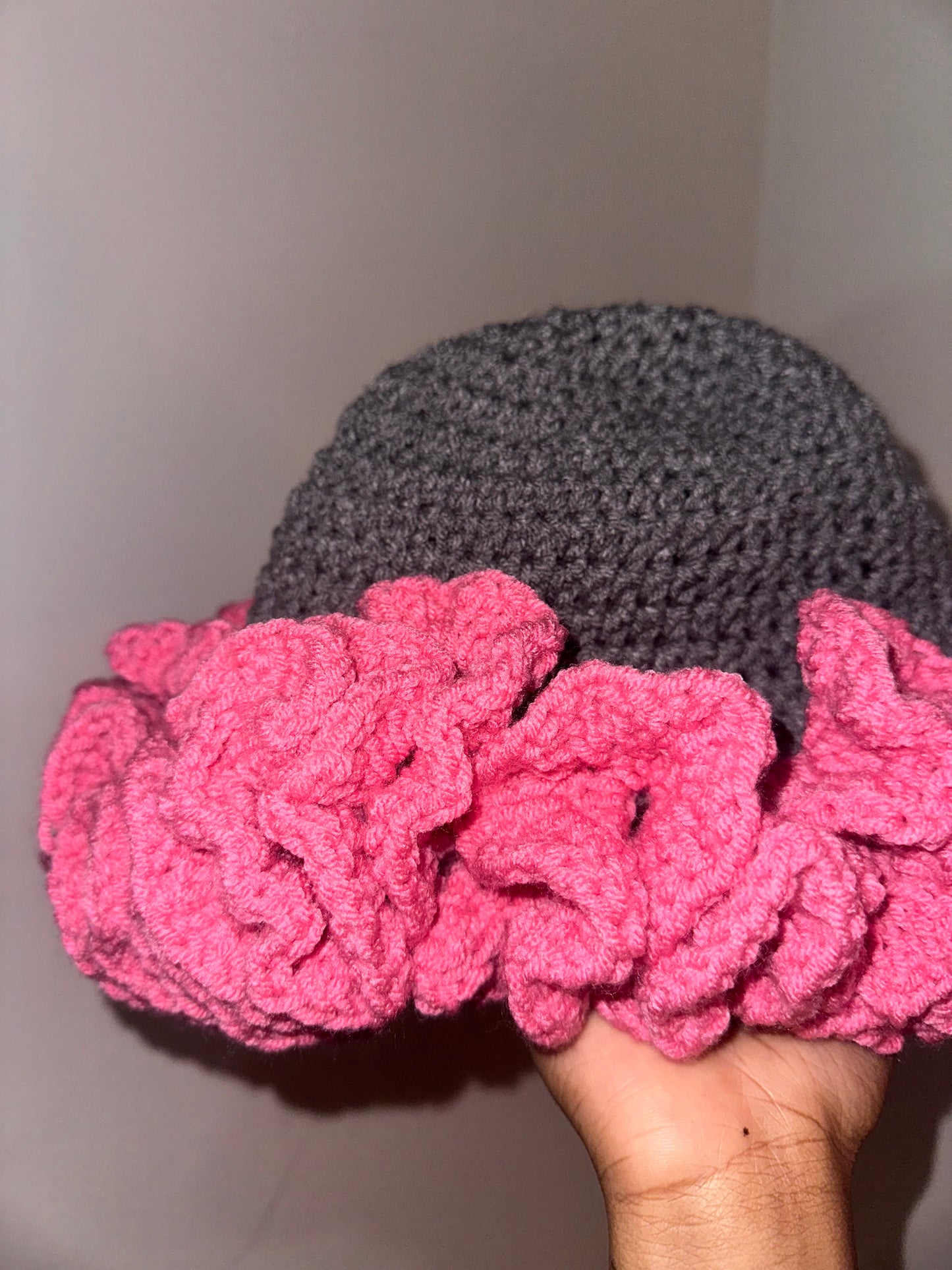 gray and pink bucket hat