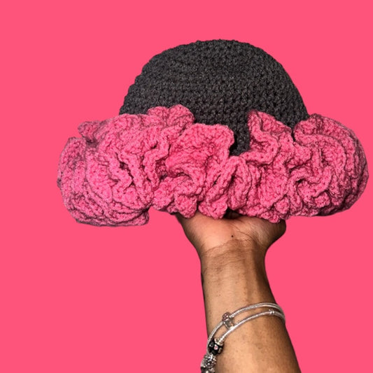 gray and pink bucket hat