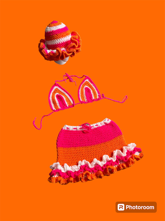 CUSTOM - Pink, Orange, and White Set  -Bucket Hat, Bikini Top, and skirt